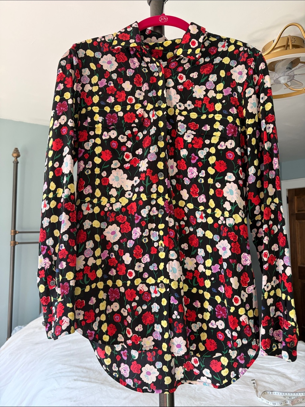 Equipment Black Floral Button-Down Shirt with Multicolor Blooms, 100% silk.